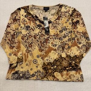 Lola P. Woman Brown Floral Beaded V-Neck Cotton Top 2X NEW Y2K Boho
